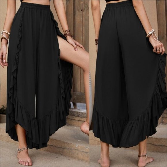 MODA ME COUTURE Pants - Hem Wide Leg ruffled hem Pants black